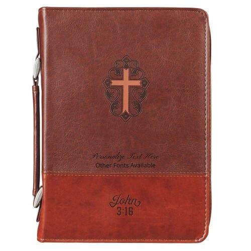 Personalized Custom Bible Cover for Men Two-Tone Brown John 3:16 Faux Leather Christian Gift for Father, Brother, Son, Grandpa, Grandson Laser Engraved Imprinting Your Text Name (Large)