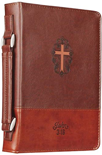 Personalized Custom Bible Cover for Men Two-Tone Brown John 3:16 Faux Leather Christian Gift for Father, Brother, Son, Grandpa, Grandson Laser Engraved Imprinting Your Text Name (Large)