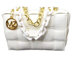 mariakinz vegan leather woven crossbody/shoulder handbag purse for women, with matching acrylic tote handle (white)