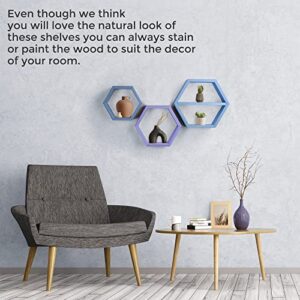 Bettabode Set of 3 Hexagon Shelves – Wood Honeycomb Shelves, Wall Decor for Living Room, Bedroom – Modern Wall Mount Hexagon Floating Shelves – Floating Hexagon Shelves with Photo Frame