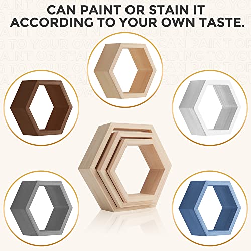 Bettabode Set of 3 Hexagon Shelves – Wood Honeycomb Shelves, Wall Decor for Living Room, Bedroom – Modern Wall Mount Hexagon Floating Shelves – Floating Hexagon Shelves with Photo Frame