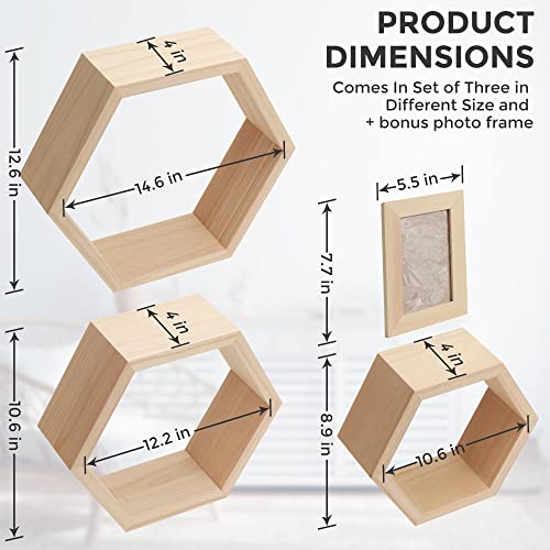 Bettabode Set of 3 Hexagon Shelves – Wood Honeycomb Shelves, Wall Decor for Living Room, Bedroom – Modern Wall Mount Hexagon Floating Shelves – Floating Hexagon Shelves with Photo Frame