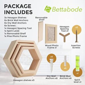 Bettabode Set of 3 Hexagon Shelves – Wood Honeycomb Shelves, Wall Decor for Living Room, Bedroom – Modern Wall Mount Hexagon Floating Shelves – Floating Hexagon Shelves with Photo Frame