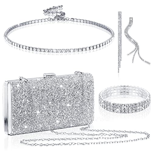 Kigeli 4 Pieces Women Rhinestone Evening Clutch Bag Rhinestone Ear Clip Bridal Wedding Choker Bracelet Dangle Bling Glitter Purse (Silver)