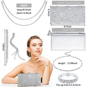 Kigeli 4 Pieces Women Rhinestone Evening Clutch Bag Rhinestone Ear Clip Bridal Wedding Choker Bracelet Dangle Bling Glitter Purse (Silver)