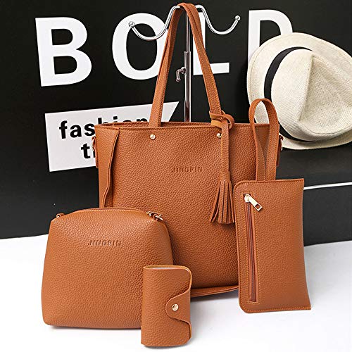 Handbags for Women 4pcs 2022 Fashion Tote Bags Shoulder Bag Wallet Card Holder Set Bag Handle Satchel Purse for Women, Gold