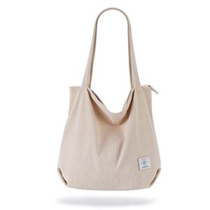 kalidi women corduroy tote bag casual tote’s handbag big capacity shoulder bag with pockets zippers (cream white)