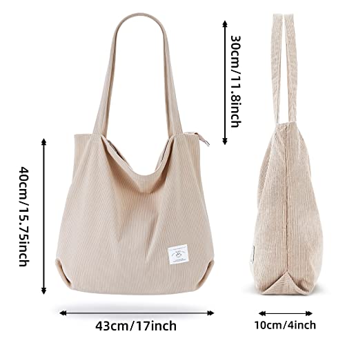 KALIDI Women Corduroy Tote Bag Casual Tote's Handbag Big Capacity Shoulder Bag with Pockets Zippers (Cream White)