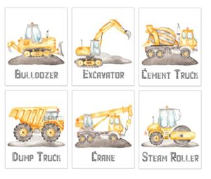 construction trucks art prints for boys bedroom – kids playroom wall decor – big vehicle posters – toddler truck pictures – set of 6-8×10 – unframed (watercolor construction trucks)