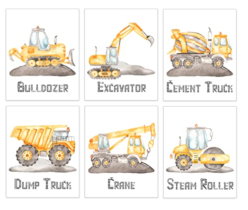 Construction Trucks Art Prints for Boys Bedroom - Kids Playroom Wall Decor - Big Vehicle Posters - Toddler Truck Pictures - Set of 6-8x10 - UNFRAMED (Watercolor Construction Trucks)