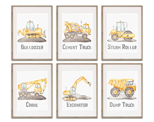 Construction Trucks Art Prints for Boys Bedroom - Kids Playroom Wall Decor - Big Vehicle Posters - Toddler Truck Pictures - Set of 6-8x10 - UNFRAMED (Watercolor Construction Trucks)