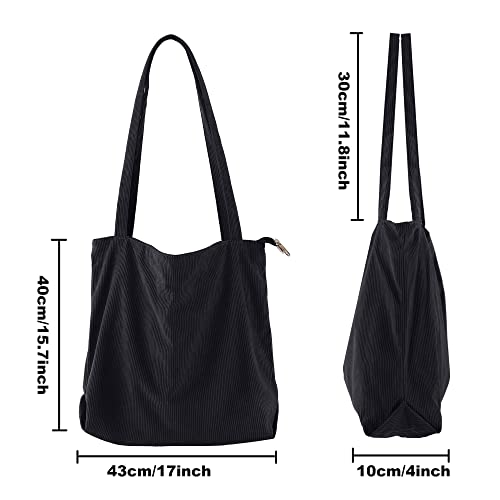 Women Corduroy Tote Bag Zipper Canvas Shoulder Handbags Girl School Large Purse With Pocket Black