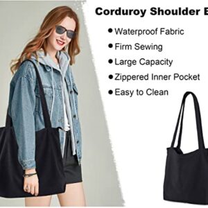 Women Corduroy Tote Bag Zipper Canvas Shoulder Handbags Girl School Large Purse With Pocket Black