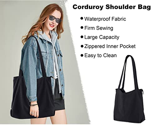 Women Corduroy Tote Bag Zipper Canvas Shoulder Handbags Girl School Large Purse With Pocket Black