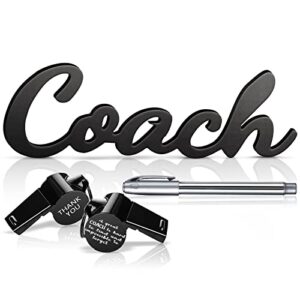 yalikop 3 pieces coach gifts, coach wood sign, coach pen, whistles with lanyard, coach whistle, wooden letters sign for christmas gift men women referees sports coach home office sports decorations (black sign)