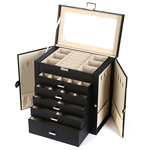 BOOVO Jewelry Box For women, 6 Layer Large Jewelry Organizer With Mirror, Multi-Function Storage Box With Lock, Accessory Holder With 5 Drawers, For Earrings Necklace Ring Bracelet (Black)