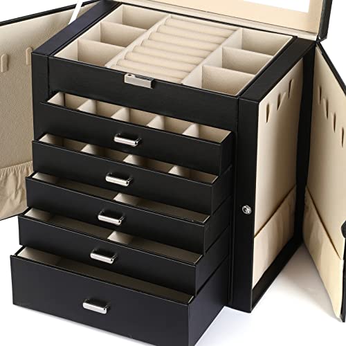 BOOVO Jewelry Box For women, 6 Layer Large Jewelry Organizer With Mirror, Multi-Function Storage Box With Lock, Accessory Holder With 5 Drawers, For Earrings Necklace Ring Bracelet (Black)