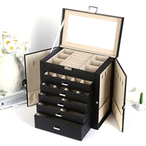 BOOVO Jewelry Box For women, 6 Layer Large Jewelry Organizer With Mirror, Multi-Function Storage Box With Lock, Accessory Holder With 5 Drawers, For Earrings Necklace Ring Bracelet (Black)