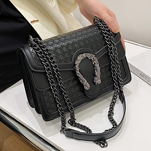 Movefad Women Crossbody Shoulder Bag Trendy Weave Leather Square Tote Metal Chain Satchel Wallet Handbag