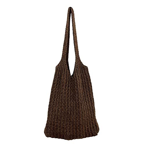 Crochet Hobo Bag Shopping Bag Large Capacity Hollow Woven Tote Bag Knitting Handbags(One Size,dark coffee)