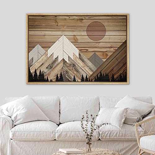 SIGNWIN Framed Canvas Print Wall Art Western Decor Sun Shines Over Snowy Mountain Forest Nature Wilderness Wood Panels Modern Art Rustic Landscape for Living Room, Bedroom, Office - 24"x36" Natural