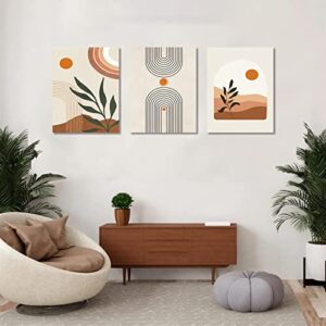 Boho Wall Art Set of 3, Mid-Century Modern Wall Prints Framed Canvas Paintings Minimalist Abstract Geometric Beige Orange Moon Plant Desert Nature Illustrations Artwork, Boho Wall Decor Ready To Hang for Living Room Bedroom Bathroom Office(12"x16")