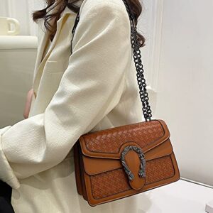 Movefad Women Crossbody Shoulder Bag Trendy Weave Leather Square Tote Metal Chain Satchel Wallet Handbag