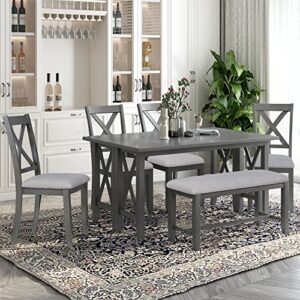 6 pieces dining table set, wood rectangle table and 4 chairs with bench with cushion, kitchen table chairs set for 6 persons (gray)