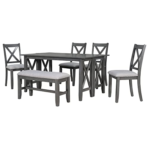 6 Pieces Dining Table Set, Wood Rectangle Table and 4 Chairs with Bench with Cushion, Kitchen Table Chairs Set for 6 Persons (Gray)