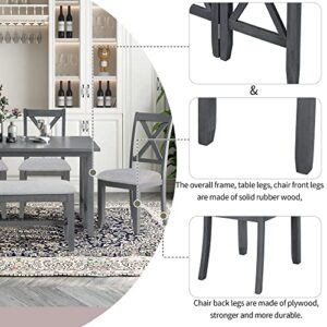 6 Pieces Dining Table Set, Wood Rectangle Table and 4 Chairs with Bench with Cushion, Kitchen Table Chairs Set for 6 Persons (Gray)