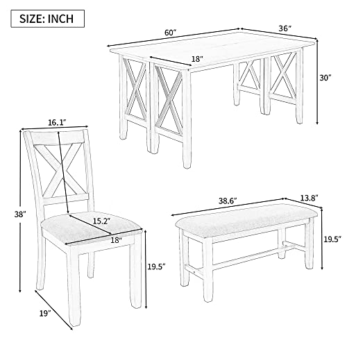 6 Pieces Dining Table Set, Wood Rectangle Table and 4 Chairs with Bench with Cushion, Kitchen Table Chairs Set for 6 Persons (Gray)