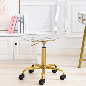 homefun clear rolling chair, armless acrylic desk chair with golden feet swivel molded plastic shell chair adjustable home office chair with wheels, clear