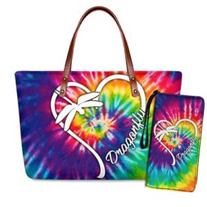 scrawlgod dragonfly hippie heart tie dye design handbags wallets set for womens tote bag shoulder top handle bags with zipper long purse