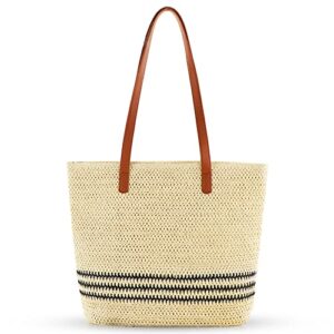 qtkj beach bag for women, summer straw bag, hand-woven tote bag, striped leather shoulder strap rattan handbag, large shoulder bag suitable for vacation travel daily (khaki)