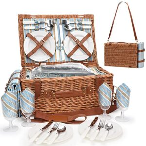 wicker picnic basket set for 4 persons with large insulated cooler compartment, adjustable shoulder strap, willow hamper and free waterproof blanket set with cutlery service kit