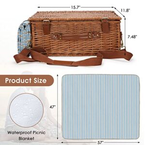 Wicker Picnic Basket Set for 4 Persons with Large Insulated Cooler Compartment, Adjustable Shoulder Strap, Willow Hamper and Free Waterproof Blanket Set with Cutlery Service Kit