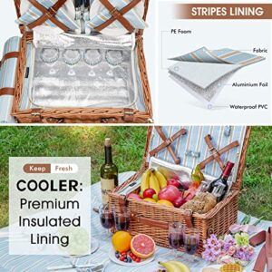 Wicker Picnic Basket Set for 4 Persons with Large Insulated Cooler Compartment, Adjustable Shoulder Strap, Willow Hamper and Free Waterproof Blanket Set with Cutlery Service Kit