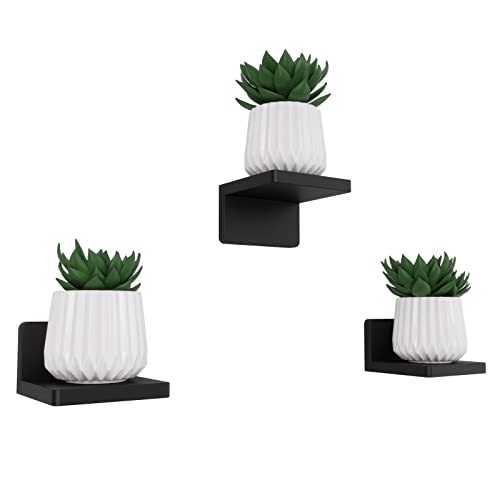 RICHER HOUSE Small Floating Shelves for Wall Set of 3, Small Black Shelves, Pine Wood Shelf for Home Decor Display, Adhesive Wall Shelves with 2 Types of Installation Ways in Bathroom, Bedroom