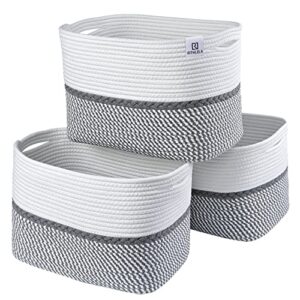 rithlela woven baskets 15″x10″x9″ cotton rope cube storage baskets set of 3 decorative baskets closet cloth storage baskets and bins for shelves with handles for blanket, laundry, clothes – grey