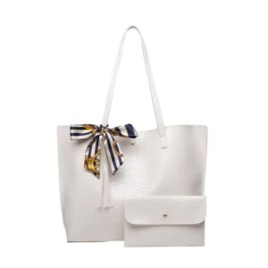 women’s tote shoulder bag pu leather big capacity tassel handbag (l, white)