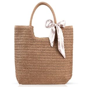 QTKJ Summer Beach bag, Handwoven Straw Bag, Soft Large Beach Tote Boho Beach Shoulder Hand Bag, Woven Bag for Women Vacation Travel, Daily(Khaki)