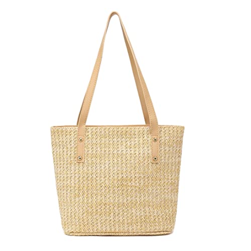 Straw Beach Tote Bags for Summer, Large Beach Bags for Women, Handmade Woven Straw Bag with Leather Handles & Zipper Closure for Vacation, Holiday, Seaside (Khaki)