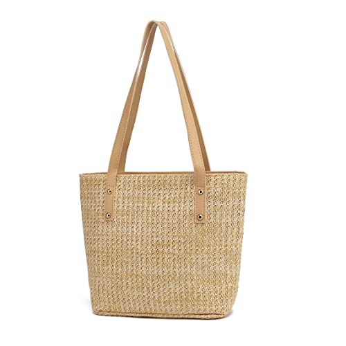 Straw Beach Tote Bags for Summer, Large Beach Bags for Women, Handmade Woven Straw Bag with Leather Handles & Zipper Closure for Vacation, Holiday, Seaside (Khaki)