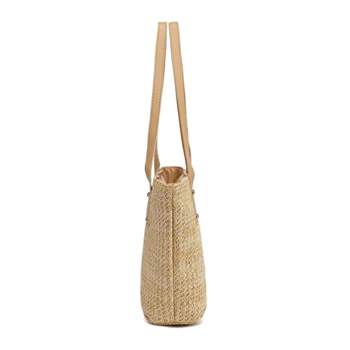 Straw Beach Tote Bags for Summer, Large Beach Bags for Women, Handmade Woven Straw Bag with Leather Handles & Zipper Closure for Vacation, Holiday, Seaside (Khaki)