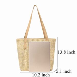 Straw Beach Tote Bags for Summer, Large Beach Bags for Women, Handmade Woven Straw Bag with Leather Handles & Zipper Closure for Vacation, Holiday, Seaside (Khaki)