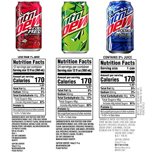 Mountain Dew 3 Flavor Core Variety Pack (Dew, Code Red, Voltage), 12 Fl Oz (Pack of 18)