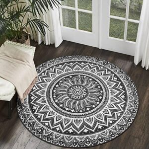 leevan mandala round rug 3ft,modern flannel washable circle rug with non-slip rubber backing no-shedding indoor bohemian grey office rug for meditation,dining room,under table