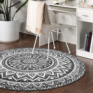 LEEVAN Mandala Round Rug 3ft,Modern Flannel Washable Circle Rug with Non-Slip Rubber Backing No-Shedding Indoor Bohemian Grey Office Rug for Meditation,Dining Room,Under Table