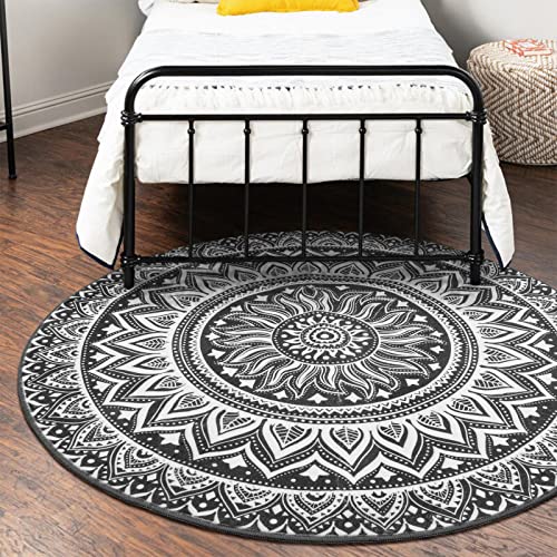 LEEVAN Mandala Round Rug 3ft,Modern Flannel Washable Circle Rug with Non-Slip Rubber Backing No-Shedding Indoor Bohemian Grey Office Rug for Meditation,Dining Room,Under Table