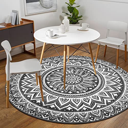 LEEVAN Mandala Round Rug 3ft,Modern Flannel Washable Circle Rug with Non-Slip Rubber Backing No-Shedding Indoor Bohemian Grey Office Rug for Meditation,Dining Room,Under Table